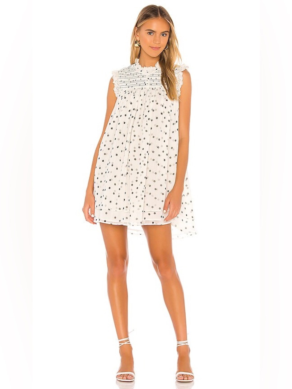 TULAROSA Revolve Andora Babydoll Dress in Black & White Polka Dot Smocking Lace